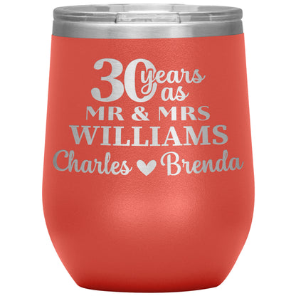 30th Anniversary Gift, 30 Years as Mr. & Mrs. Couple Tumbler