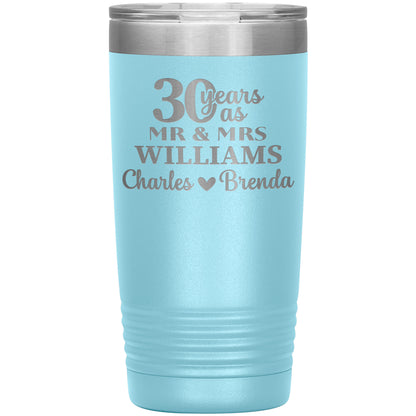 30th Anniversary Gift, 30 Years as Mr. & Mrs. Couple Tumbler