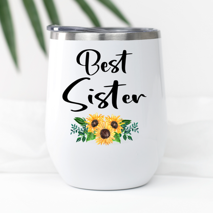 Best Sister Sunflower Wine Tumbler with Name, Personalized Sister Wedding, Birthday or Christmas Present, Cute Gift for Her, Sibling Gift