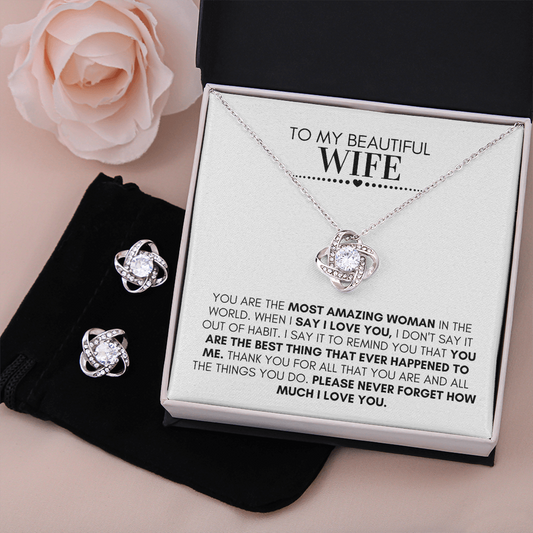 To My Beautiful Wife Necklace and Earring Love Knot Set