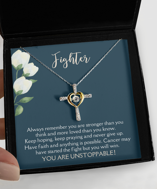 Cancer Recovery Jewelry for Women, Fighter Sterling Silver Cross Necklace, Breast Cancer Motivational Christian Jewelry