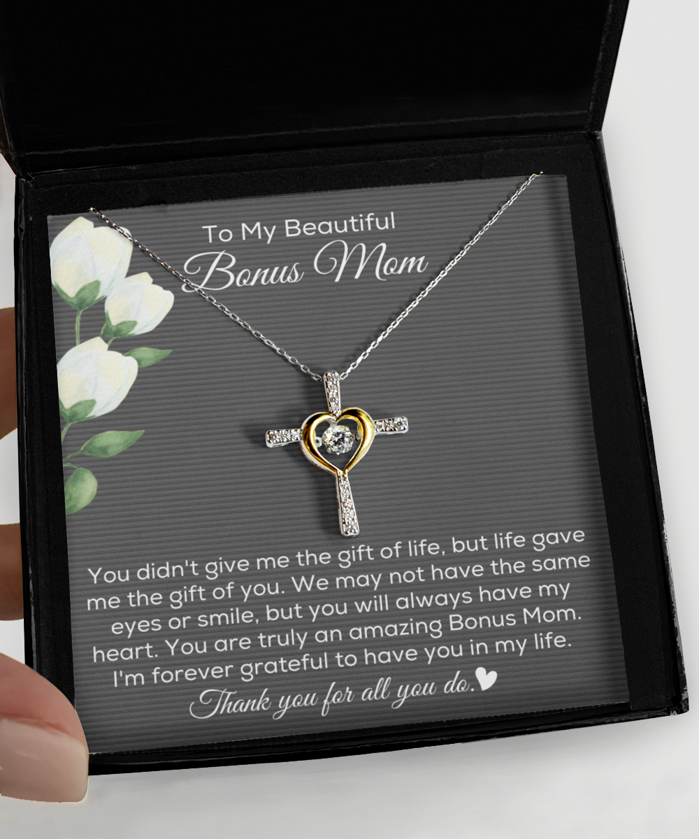 Bonus Mom Cross Necklace, Stepmom Gifts from Bonus Daughter, Unbiological Mother Jewelry for Christmas Mother's Day Birthday