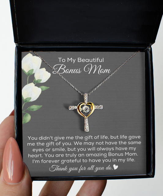 Bonus Mom Cross Necklace, Stepmom Gifts from Bonus Daughter, Unbiological Mother Jewelry for Christmas Mother's Day Birthday
