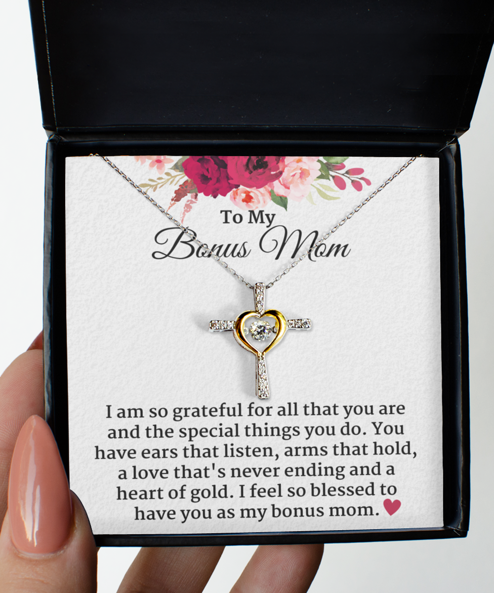 Bonus Mom You Are a Blessing Cross Necklace Sterling Silver from Bonus Daughter, Stepmom Jewelry for Birthday, Christmas, Mother's Day