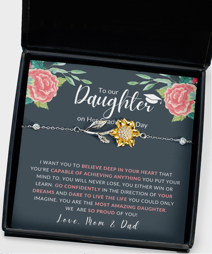 To Our Daughter on Her Graduation Day Sunflower Bracelet Gift from Mom and Dad, High School Grad Present, Class of 2022 College Jewelry