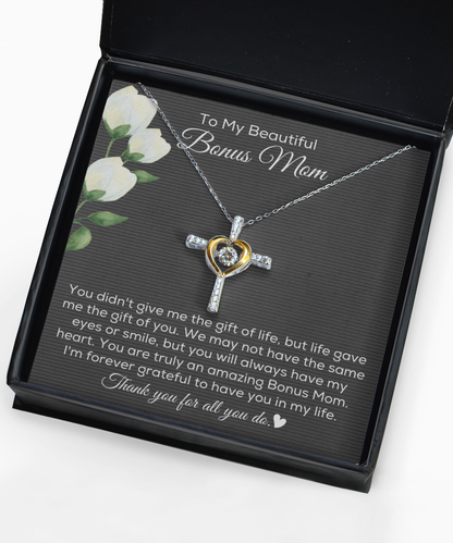 Bonus Mom Cross Necklace, Stepmom Gifts from Bonus Daughter, Unbiological Mother Jewelry for Christmas Mother's Day Birthday