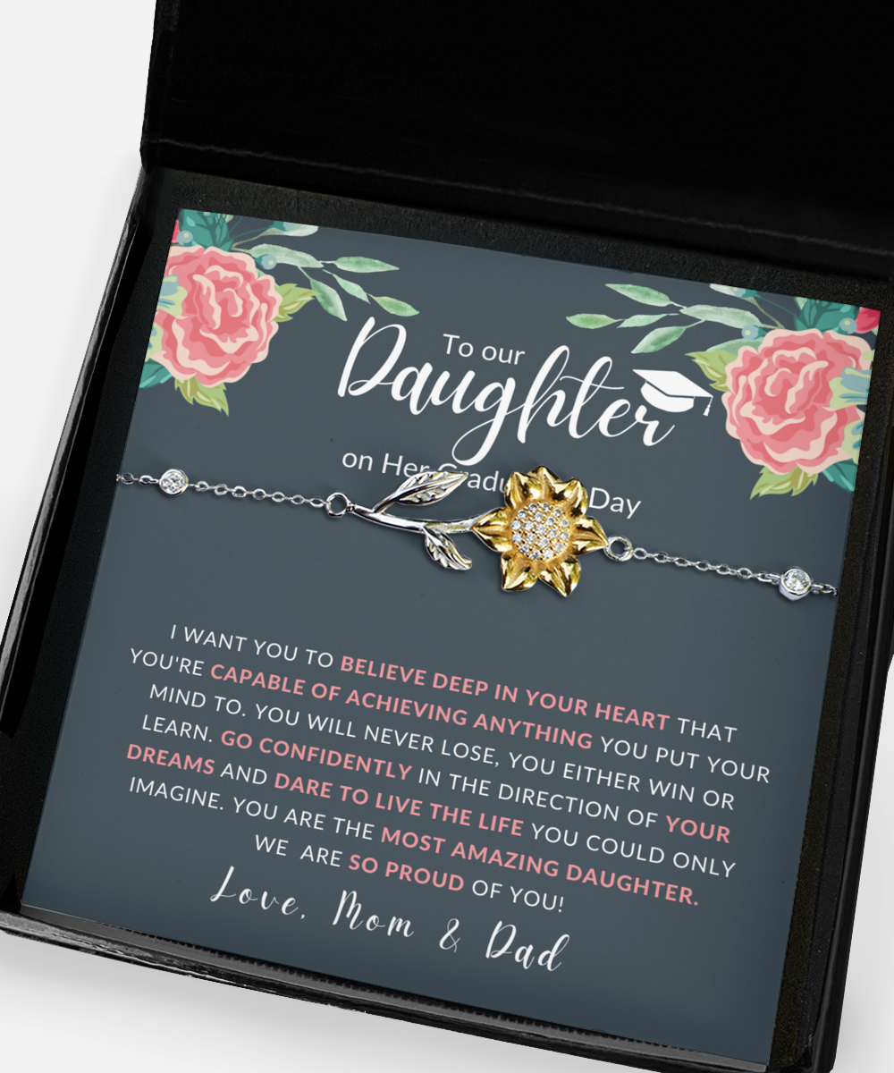 To Our Daughter on Her Graduation Day Sunflower Bracelet Gift from Mom and Dad, High School Grad Present, Class of 2022 College Jewelry