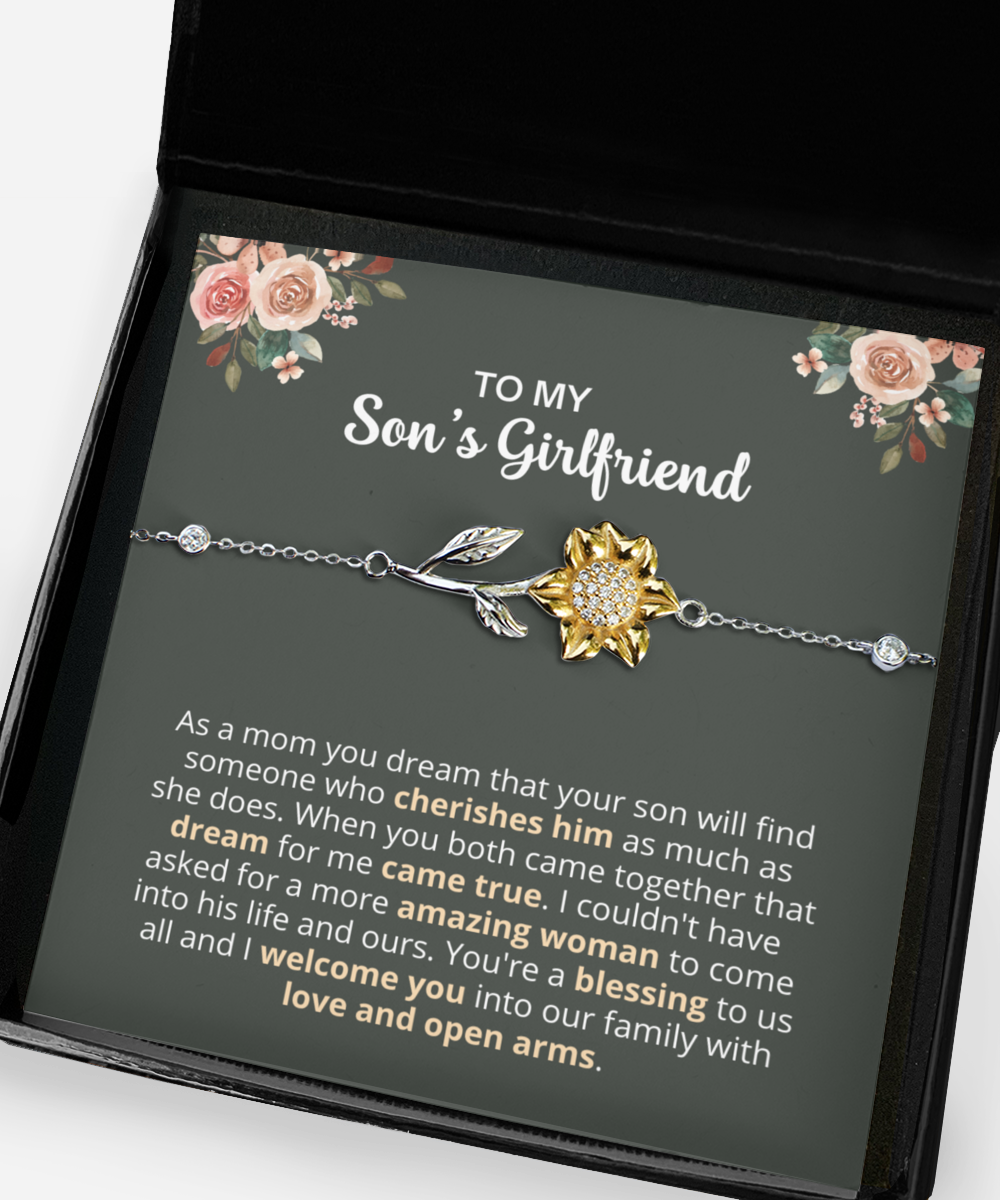 To My Son's Girlfriend Sunflower Bracelet, Bonus Daughter Birthday, Christmas Gifts from Boyfriend's Mom, Future Daughter in Law Jewelry
